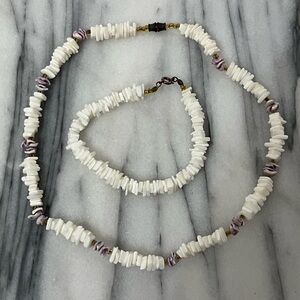 VTG White & Purple Sea Shell Chips 14” Necklace & White Chips Bracelet